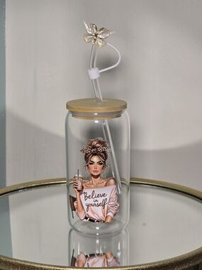 Clear Girl Graphic Drink Jar with Straw - Pink Accents